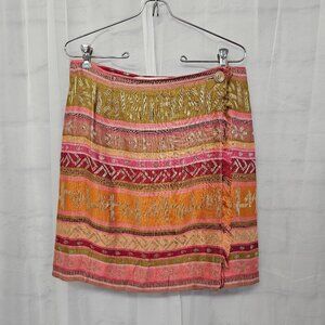 Vintage The Limited Pink Green Boho True Wrap Fringe Skirt Mini Linen L